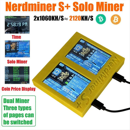 Punctual- Nerdminer S+ Dual Screens Solo Miner 2X1060KH/S Coin Price Display/Mining/Time Win 3.125 BTC BTC Crypto Bitcoin Miner