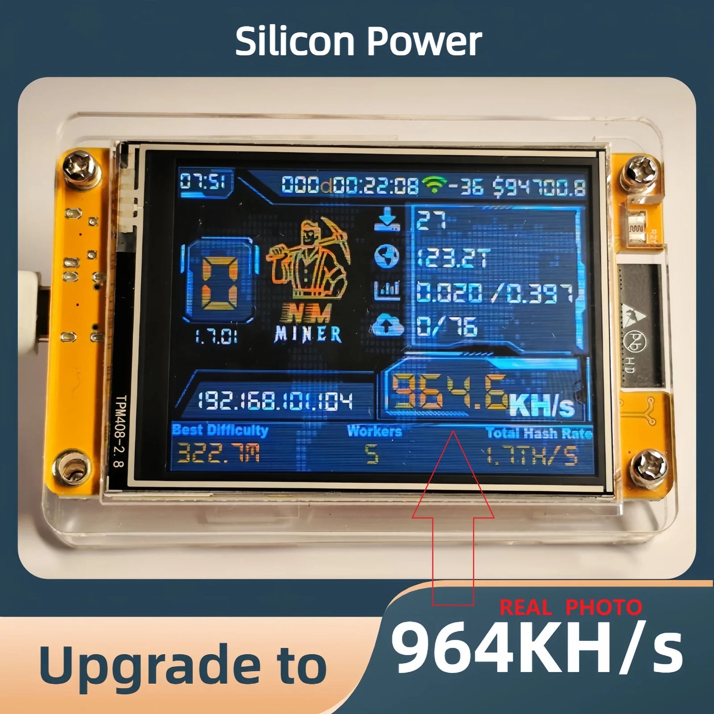 Bitcoin Solo Lottery NMMiner Hashrate 412KH/s Lucky Miner for computer nerd 2.8 inch Smart Display Crypto ESP32-2432S028R DROOM