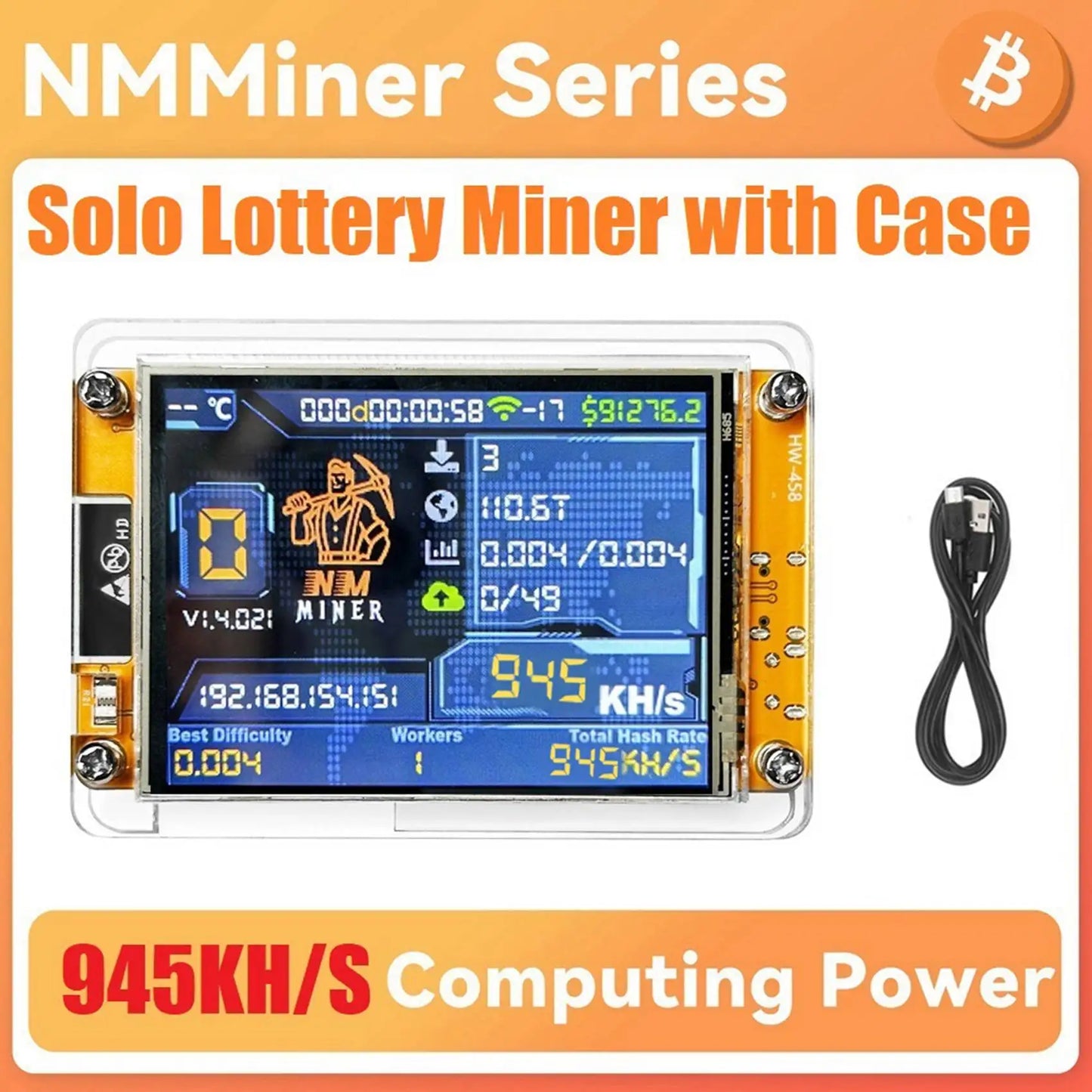 L77A NMMiner NerdMiner+Case 945KH/S Harshrate 2.8 Inch Smart Display Bitcoin Crypto Solo Lottery Miner Upgraded NerdMiner