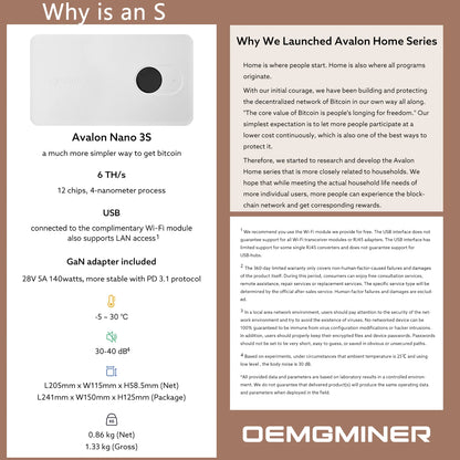 US Stock Canaan Avalon Nano 3S 6TH/s Bitcoin Miner 6TH/S 140W With Cannan Power Supply Avalon Nano 3s Fast Shipping