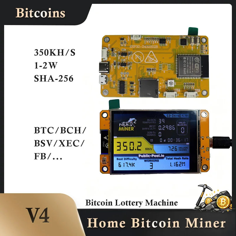 NerdMiner LV04 Bitcoin Miner 370KH/s Mini BTC Solo Lottery Mining Machine with 2.8 Inch Display Crypto Miner