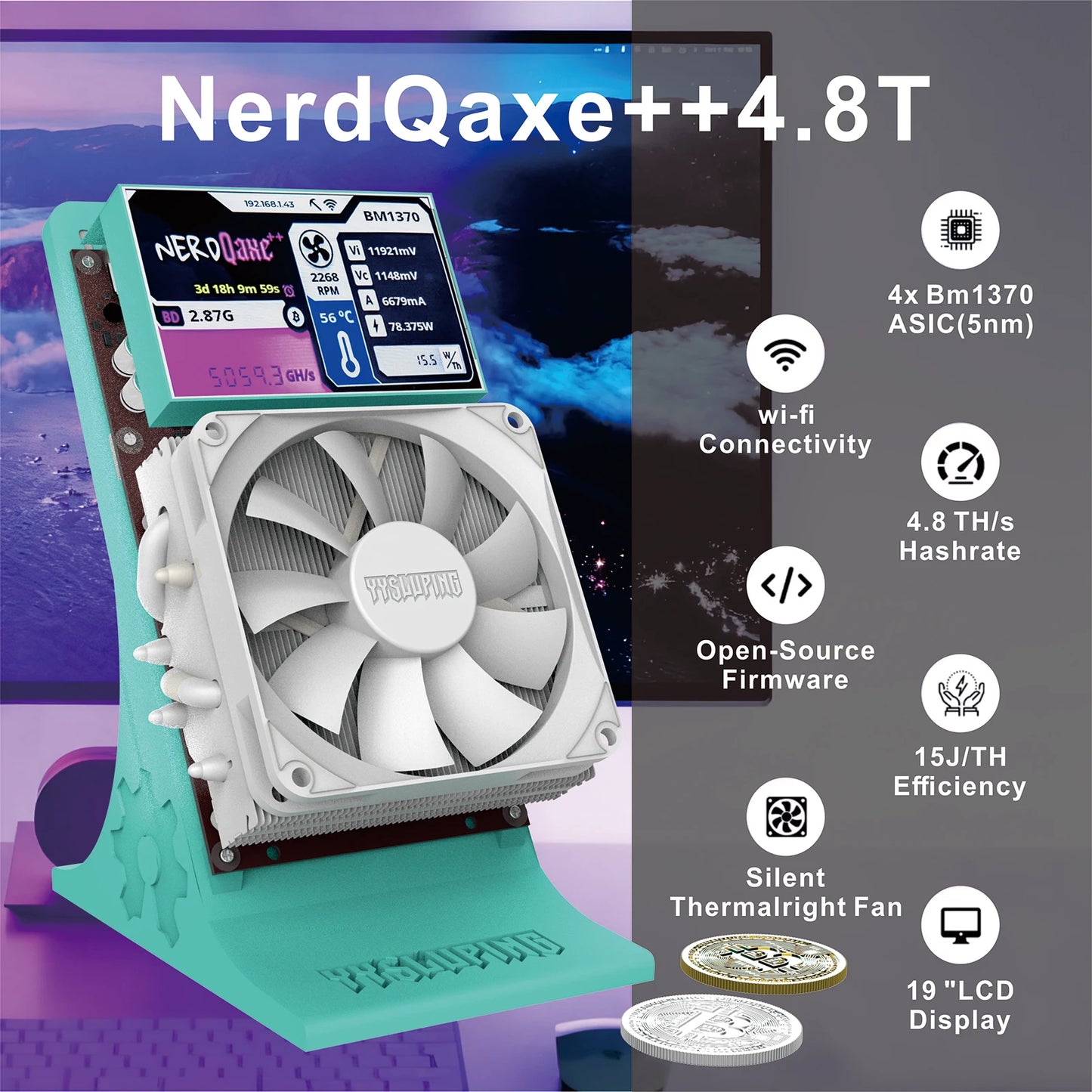High Efficiency NerdQaxe++ 4.8TH/s Miner SHA-256 Algorithm ASIC Bitcoin Mining Device Low Energy Consumption for BTC BSV