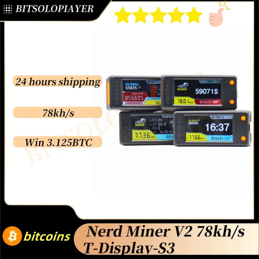 NerdMiner V2 T Display S3 Bitcoin Lottery Miner  NerdMiner V2.0 78KH/s Hashrate Upgraded BTC Lotto Machine