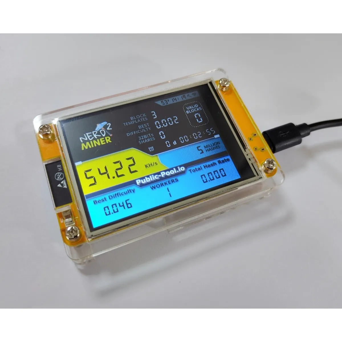 2.8 Inch NerdMiner V2 Hashrate, Smart Display, Crypto Solo, Lottery, Nerd Miner, Bitcoin Miner ESP32-2432S028R, 49 k/S