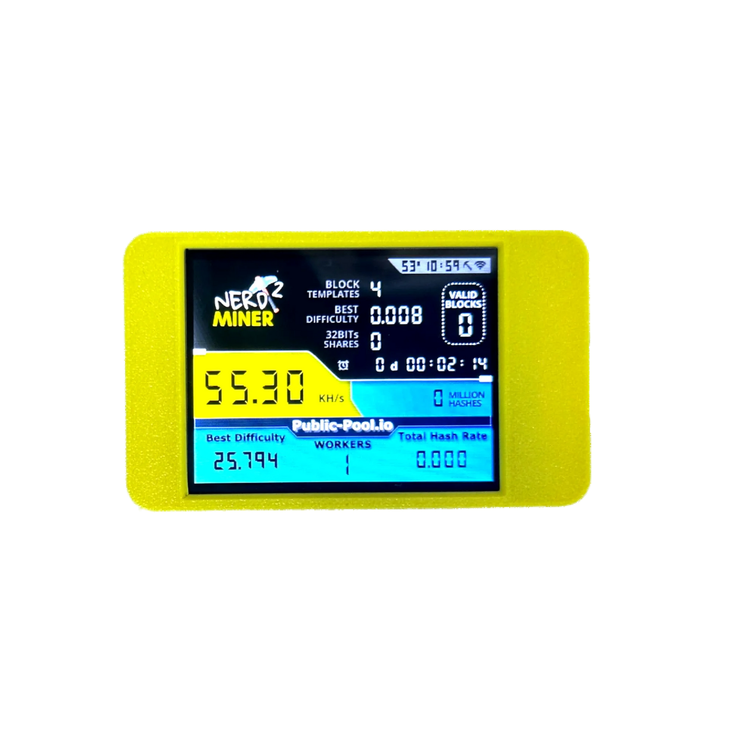 NerdMiner V2 Hashrate, Smart Display, Crypto Solo, Lottery, Nerd Miner, Bitcoin Miner ESP32-2432S028R, 54 k/S, 2.8 inch